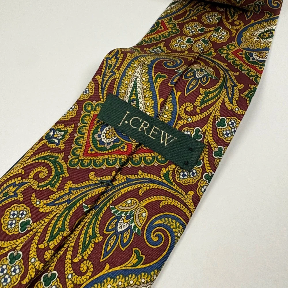 J.Crew Mens Silk Paisley Tie Burgundy Gold Blue Hand Made USA Classic Necktie